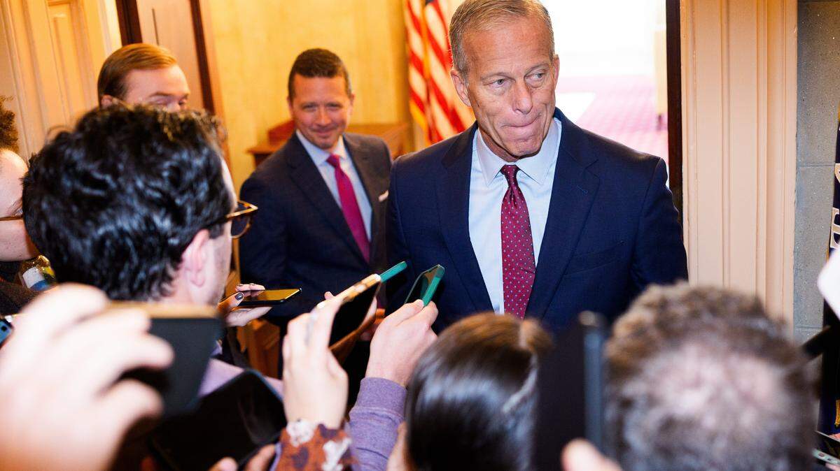 WASHINGTON, DC - NOVEMBER 8: Senate Majority Leader John Thune (R-SD) speaks to members of the press as he heads to his office in the Capitol Building on November 8, 2025 in Washington, DC. Today marks Day 39th day of the government shutdown, the longest in U.S. history. (Photo by Aaron Schwartz/Getty Images)