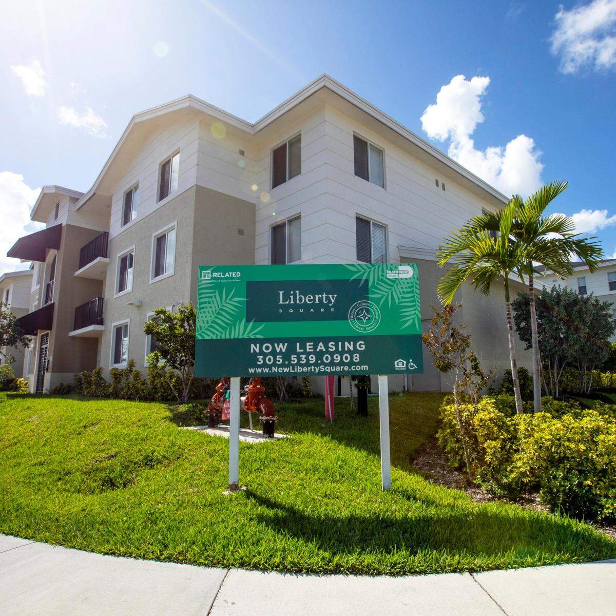 The exterior of Liberty Square, a new public housing complex with affordable apartment rentals.
