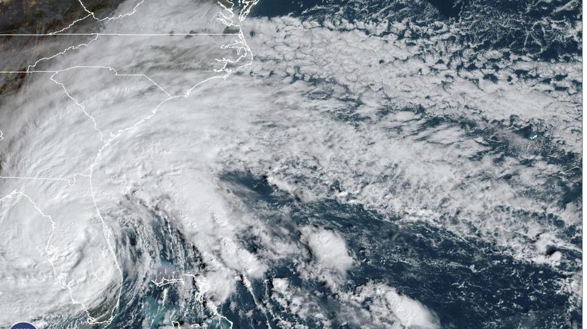 This satellite image provided by NOAA shows Tropical Storm Nicole making landfall as a hurricane early Thursday, Nov. 10, 2022, near Florida. It was such a sprawling storm that it covered nearly the entire peninsula while reaching into Georgia and South Carolina. NOAA via AP