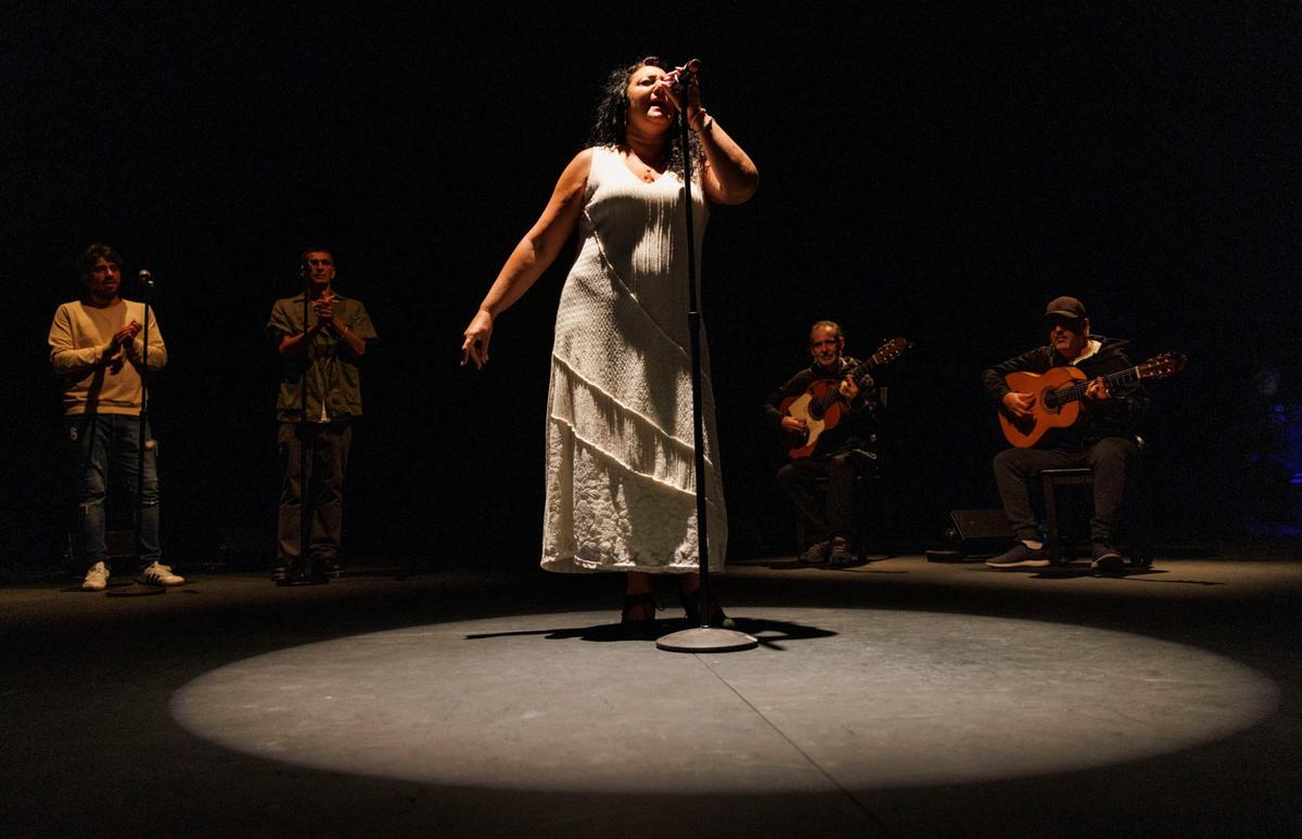 Macarena de Jerez sings during Siempre Flamenco practice for the upcoming performance on Thursday, Aug. 22, 2024, at the Adrienne Arsht Center in Miami.