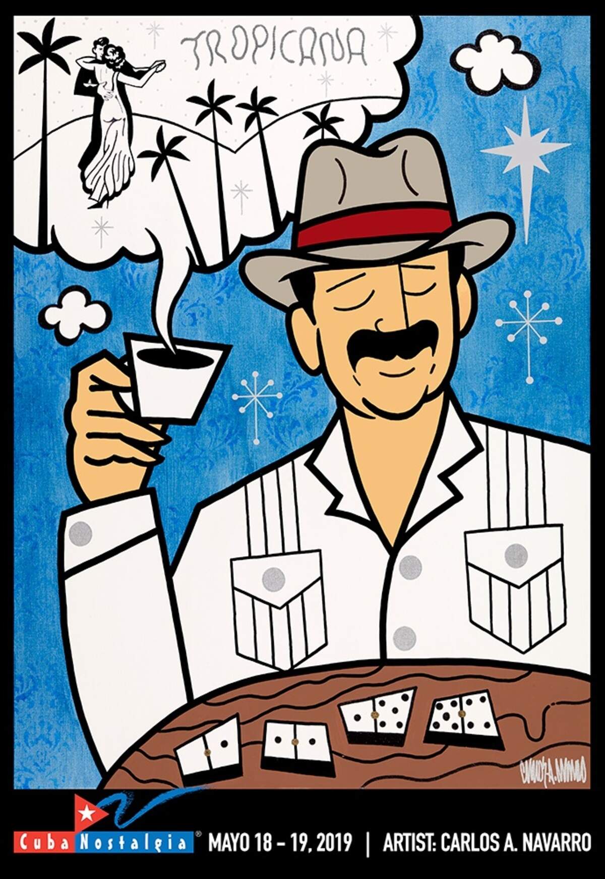 El afiche de Cuba Nostalgia fue creado por el artista plástico cubanoamericano Carlos Navarro.