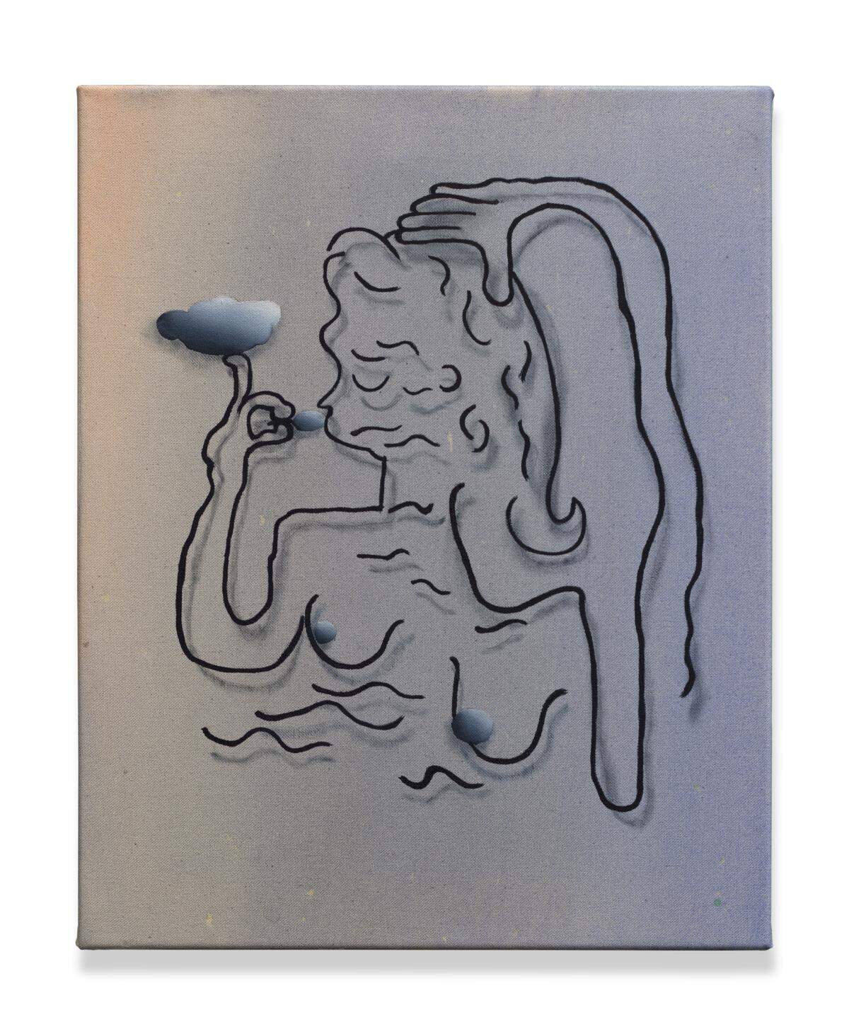 ‘Nipples and Clouds’, 2022, de Roy Mordechay, acuarela y óleo sobre lienzo, 19.5 x 16 pulgadas.