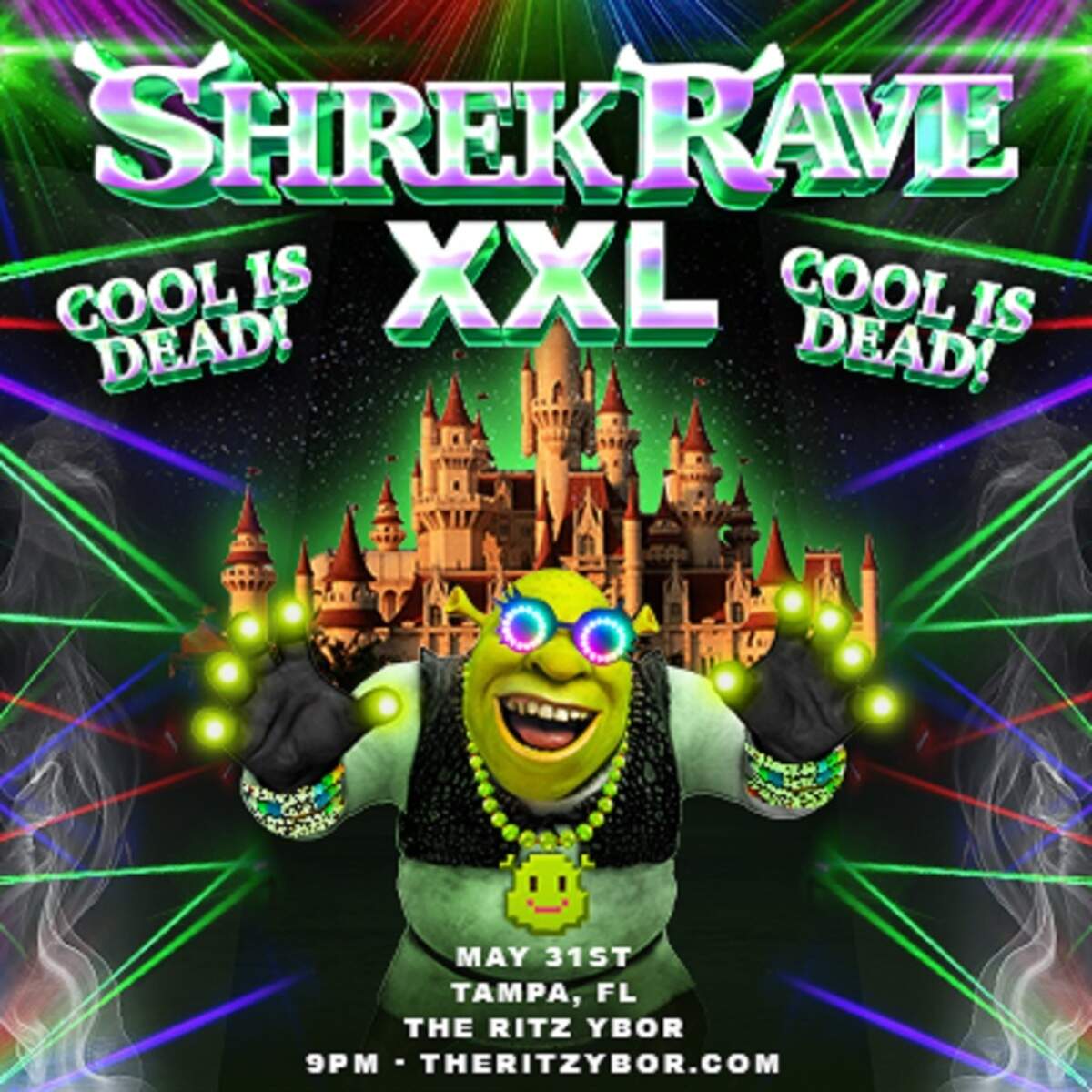 Shrek Rave, una serie de eventos temáticos con música y visuales inspirados en Shrek en Fillmore Miami Beach.
