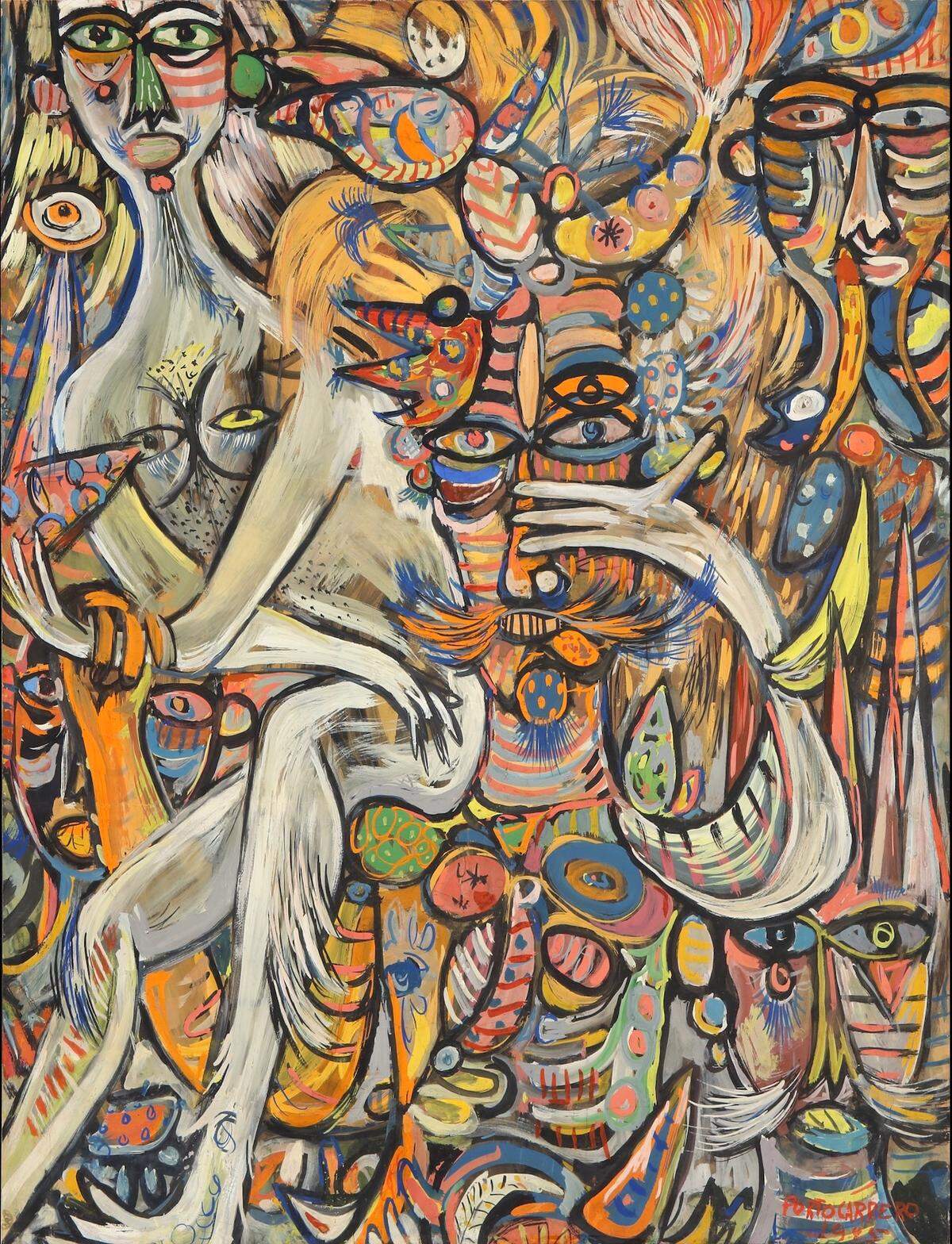 “Figura para una mitología imaginaria” (Figure for an Imaginary Mythology), 1945 de  René Portocarrero. Gouache sobre papel montado sobre cartón, 36 × 27 pulgadas. 