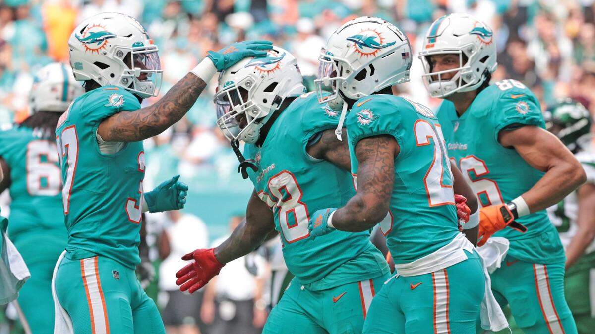 El running back de los Dolphins Duke Johnson (28) celebra con sus compañeros de equipo tras anotar un touchdown en el partido ante los Jets de New York, el 19 de diciembre de 2021 en Miami.