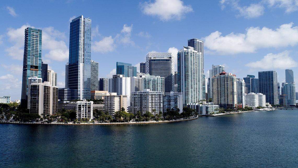 The skyline of the Brickell financial center, where business-commercial towers and luxury condo towers come together over Biscayne Bay, May 2019.