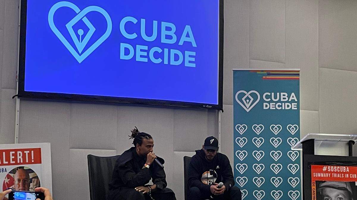 Cuban rappers Yotuel Romero and El Funky during an event on Wednesday organized by Cuba Decide during the Summit of the Americas in Los Angeles.
