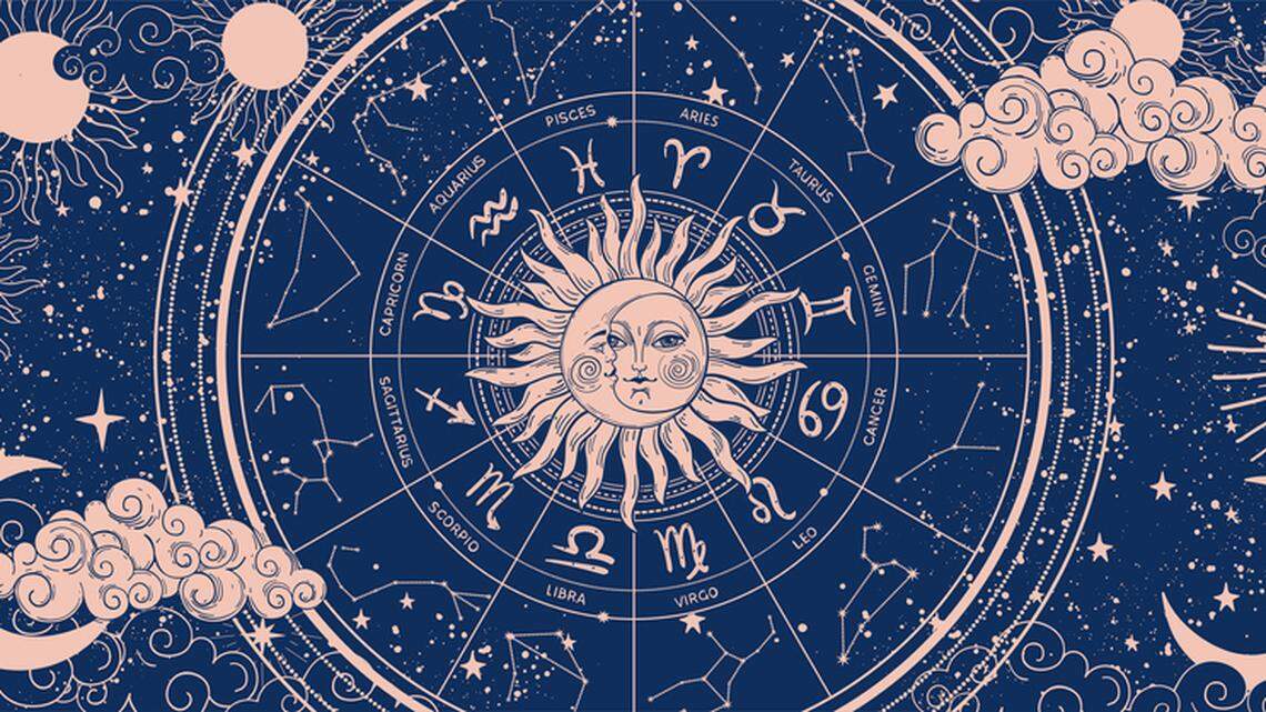Rueda del zodiaco sobre fondo azul con la luna y el sol; banner de astrología con los 12 signos del zodiaco.