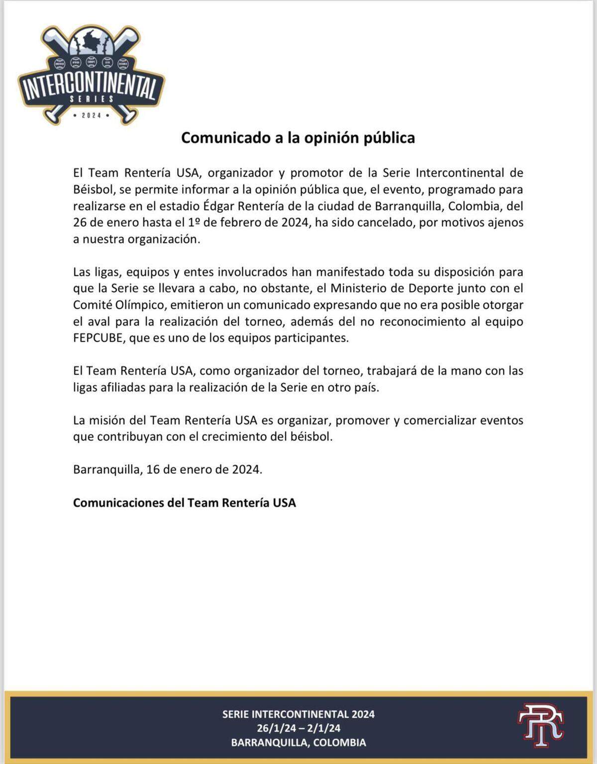 Comunicado de prensa del Team Rentería USA.