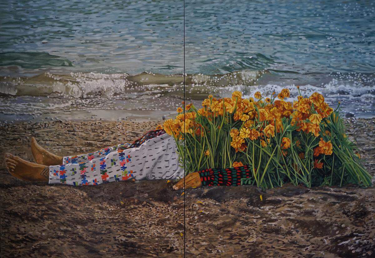 ‘Sin título’. De la serie “Saq taq achik´”, 2023, de Manuel Chavajay. Óleo sobre tela.