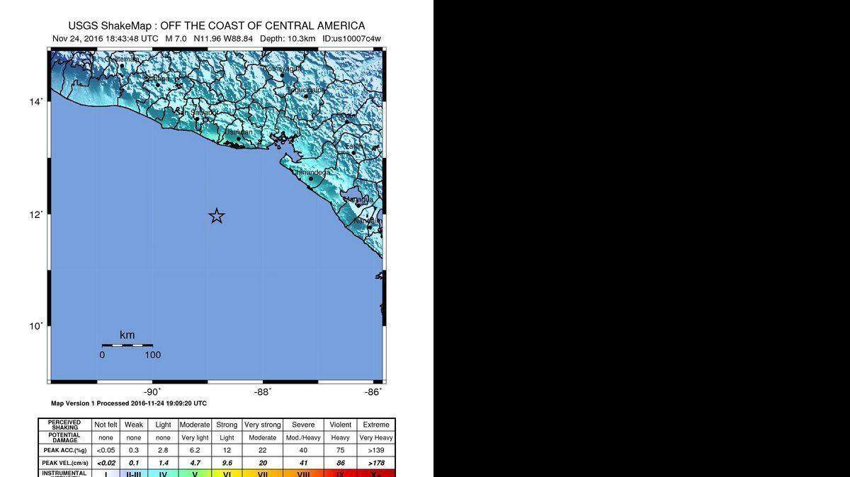 Fotografía facilitada por el Servicio Geológico estadounidense (USGS) este 24 de noviembre de 2016 que muestra el epicentro en el que se ha registrado un terremoto de magnitud 7,2 en la escala abierta de Richter que sacudió a El Salvador y a naciones vecinas, sin que hasta el momento se hayan reportado daños. 