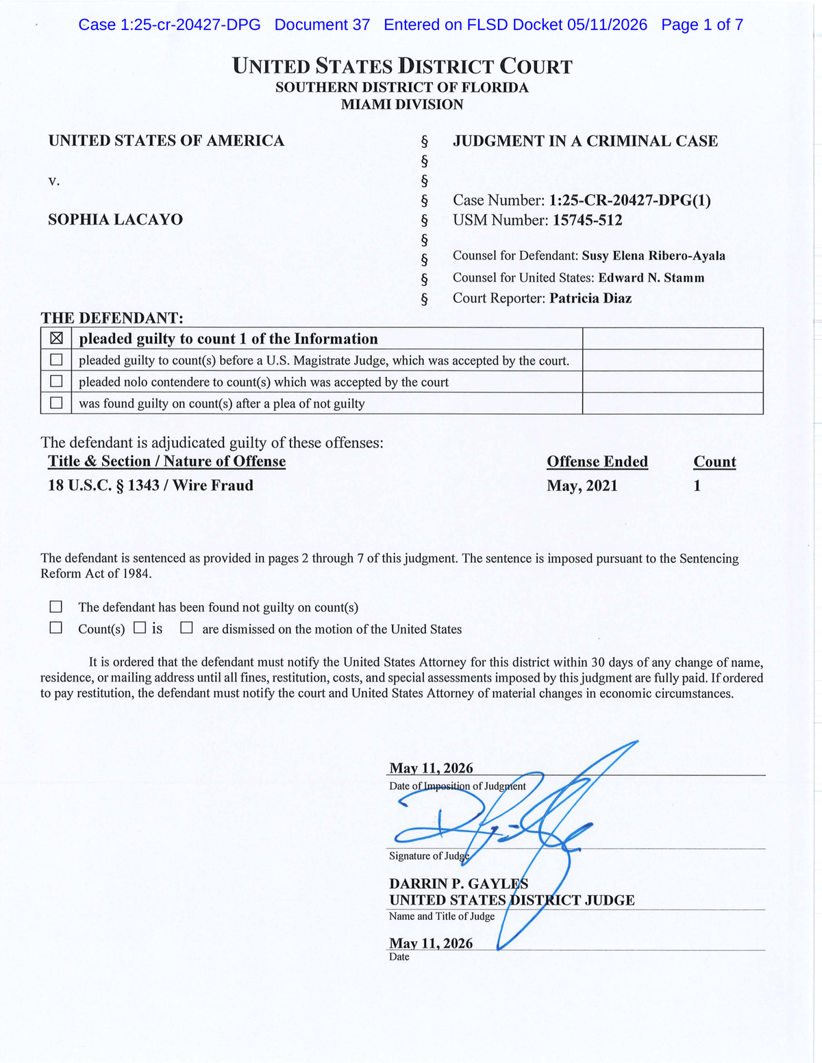 Documento de la sentencia de la excomisionada Sophia Lacayo.