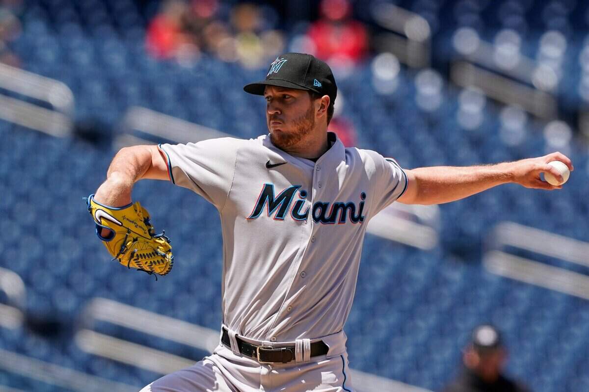 El abridor de los Marlins Trevor Rogers lanzó seis innings y permitió una carrera a la tanda de los Nacionales, en el partido celebrado el 28 de abril de 2022 en Washington.