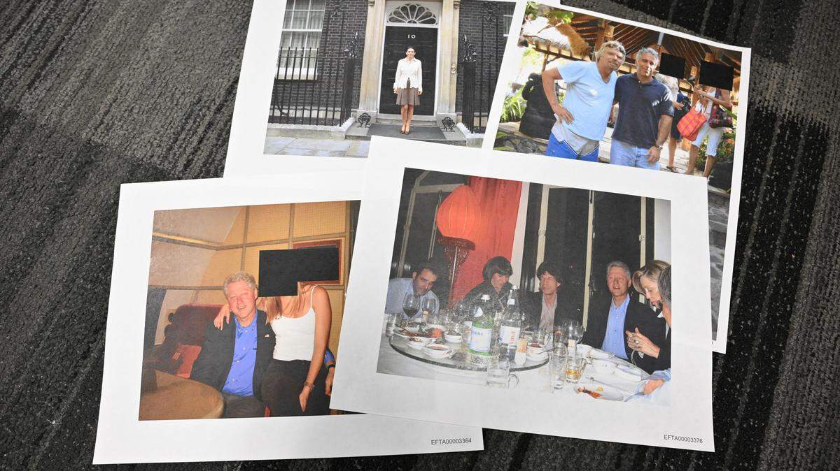 This photo illustration taken in Washington, DC, on December 19, 2025 shows photographs, including of former US president Bill Clinton, Rolling Stones singer Mick Jagger, Virgin Group chairman Richard Branson and Ghislaine Maxwell, after the US Justice Department began releasing the long-awaited records from the investigation into the politically explosive case of convicted sex offender Jeffrey Epstein. (Photo by Mandel NGAN / AFP via Getty Images)