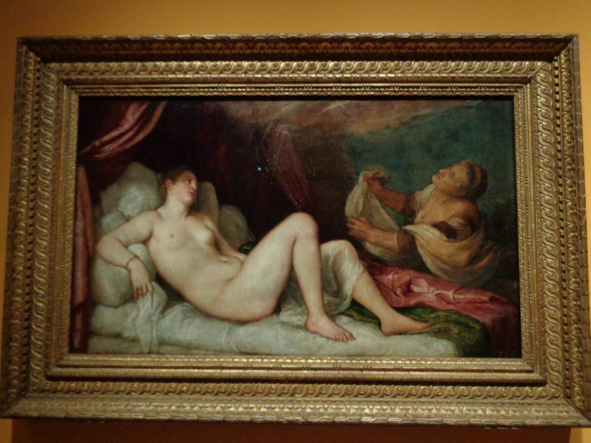 ‘Dánae’ -recibiendo la lluvia de oro-, (1560 - 1565) de Tiziano. Óleo sobre lienzo, 129,8 x 181,2 cm. Sala C del Museo del Prado, Madrid.