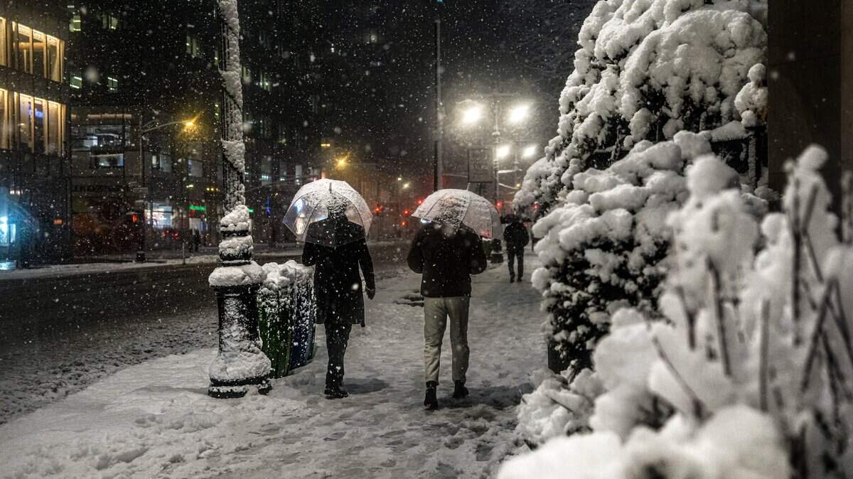 Personas caminan por la nieve durante una prohibición de circulación en toda la ciudad el 22 de febrero de 2026 en la ciudad de Nueva York.