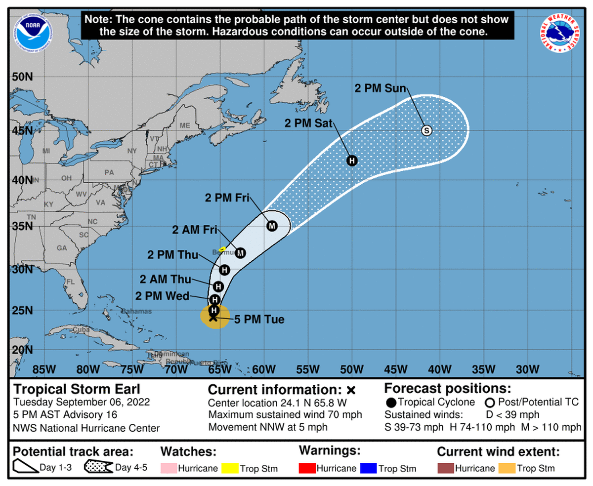 La tormenta tropical Earl se fortaleció el martes y se pronostica que tendrá una intensificación rápida hasta convertirse en un huracán de categoría mayor (vientos de 111-129 mph/ 178-208 km/h).