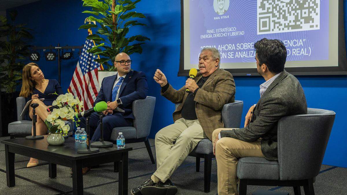 Moderator Gabriela Perozo (far left) listens as panelists from left- Leonardo Trechi, President of VACC, Horacio Medina, President of the ad hoc board of PDVSA and Raúl Stolk, Director of the Caracas Chronicles, take turns to speak during the “Foro Perspectivas Venezuela 2026” organized by the Venezuelan-American Chamber of Commerce (VACC), to bring together political leaders, experts in energy, economics, security, legal risk and freedom of expression, with a clear objective: to understand the new Venezuelan scenario, after the removal of Nicolas Maduro, from Caracas last January during an operation by the United States' special forces. The event took place at Miami Dade College Campus in Doral, on Tuesday Feb 10, 2026