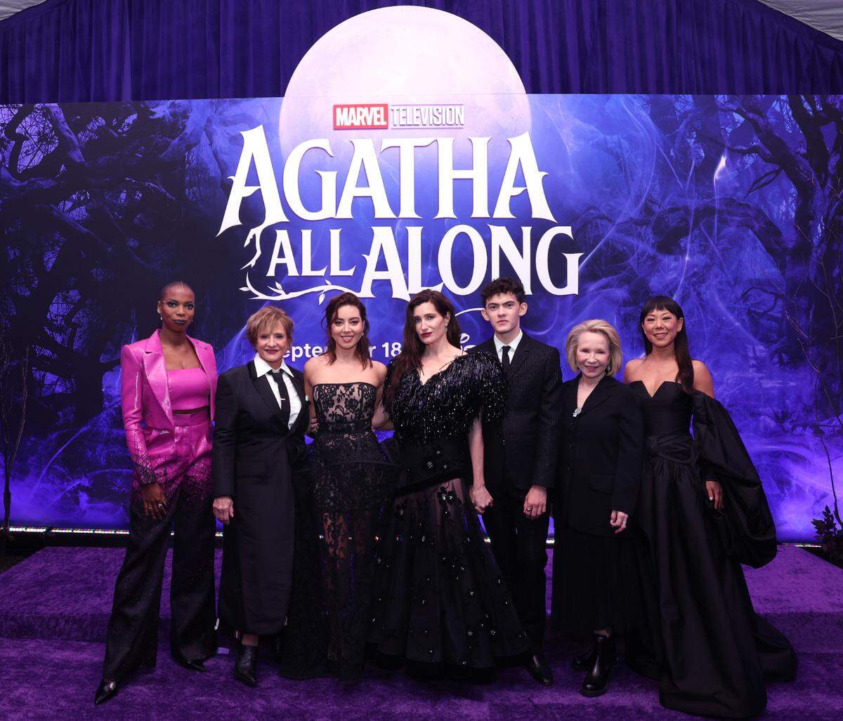 LOS ANGELES, CALIFORNIA - SEPTEMBER 16: (L-R) Sasheer Zamata, Patti LuPone, Aubrey Plaza, Kathryn Hahn, Joe Locke, Debra Jo Rupp and Ali Ahn attend the launch event for Marvel Television’s Agatha All Along at El Capitan Theatre in Hollywood, California on September 16, 2024. (Photo by Jesse Grant/Getty Images for Marvel)