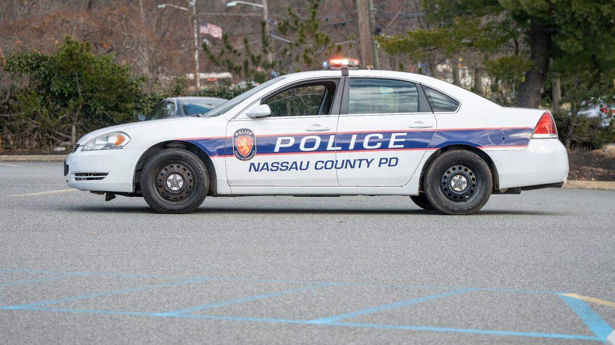 A Nassau County Police Department vehicle is used during production of the feature film “The Housemaid” at Green Way Markets in Ridgewood on Friday, Jan. 3, 2025.