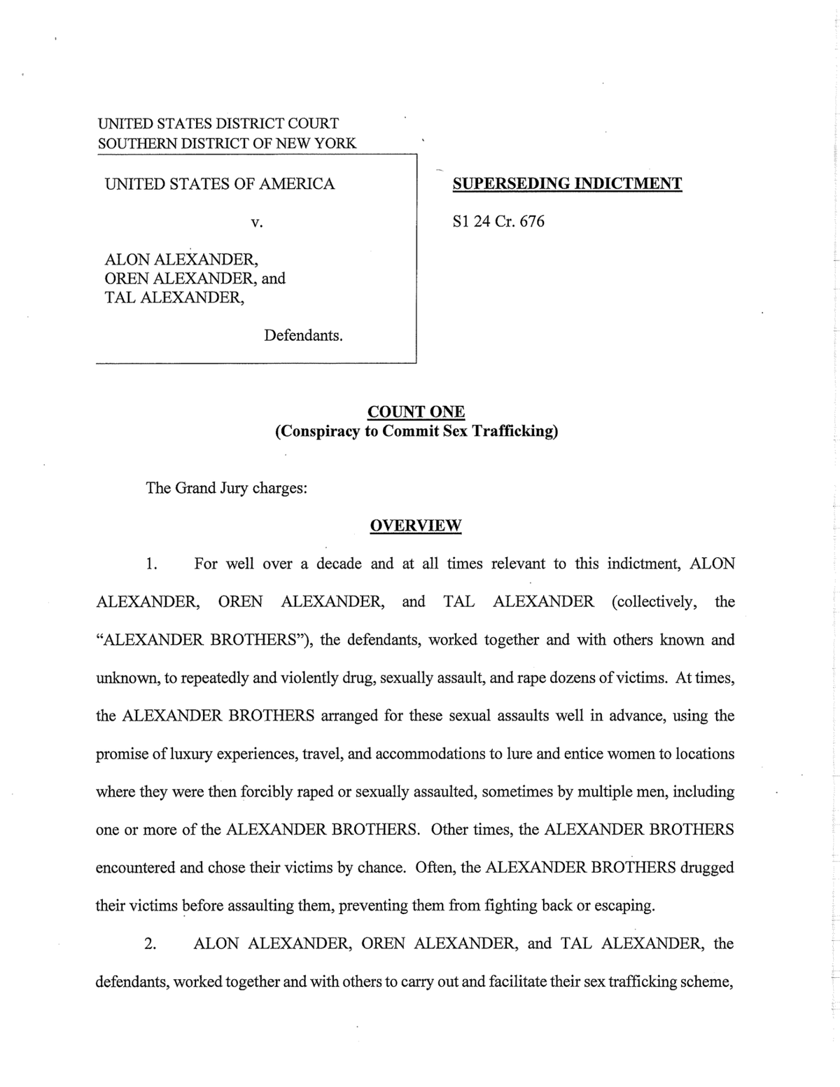 Parte del documento de la acusación presentada contra los hermanos Alexander en NuevaYork.