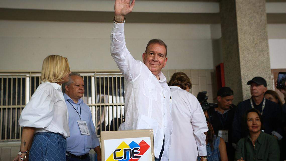 Edmundo Gonzalez, the candidate for the Democratic Unity Roundtable, gestures after casting his ballot at a polling station during the presidential election in Caracas, Venezuela, July 28, 2024.
