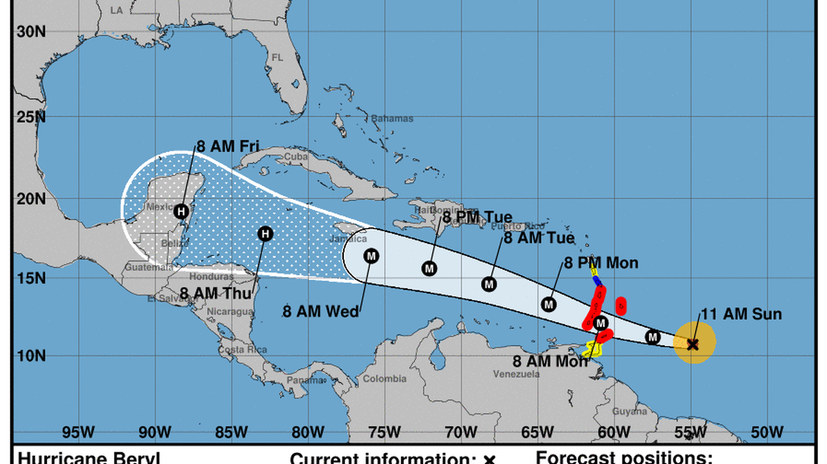 Pronostico de cinco días de la trayectoria del huracán Beryl, a las 11 a.m. del domingo 30 de junio de 2024.