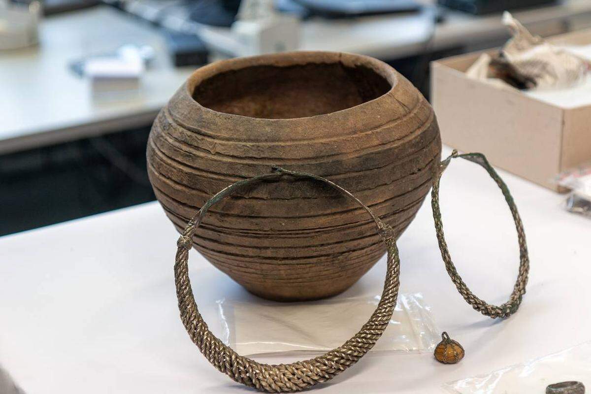 Un contenedor y dos piezas de joyería encontradas en Mecklemburgo-Pomerania Occidental. Foto del Ministerio de Ciencia, Cultura y Asuntos Federales y Europeos de Mecklemburgo-Pomerania Occidental