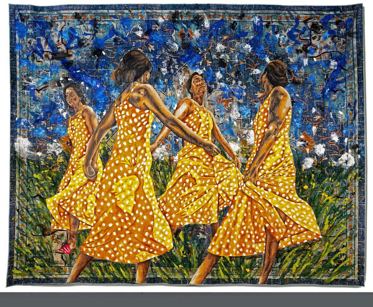 ‘La danza de la razón’ (The Dance of Reason), 2023, óleo sobre lienzo cosido a mano sobre una alfombra, 144 x 181 ¼ pulgadas.