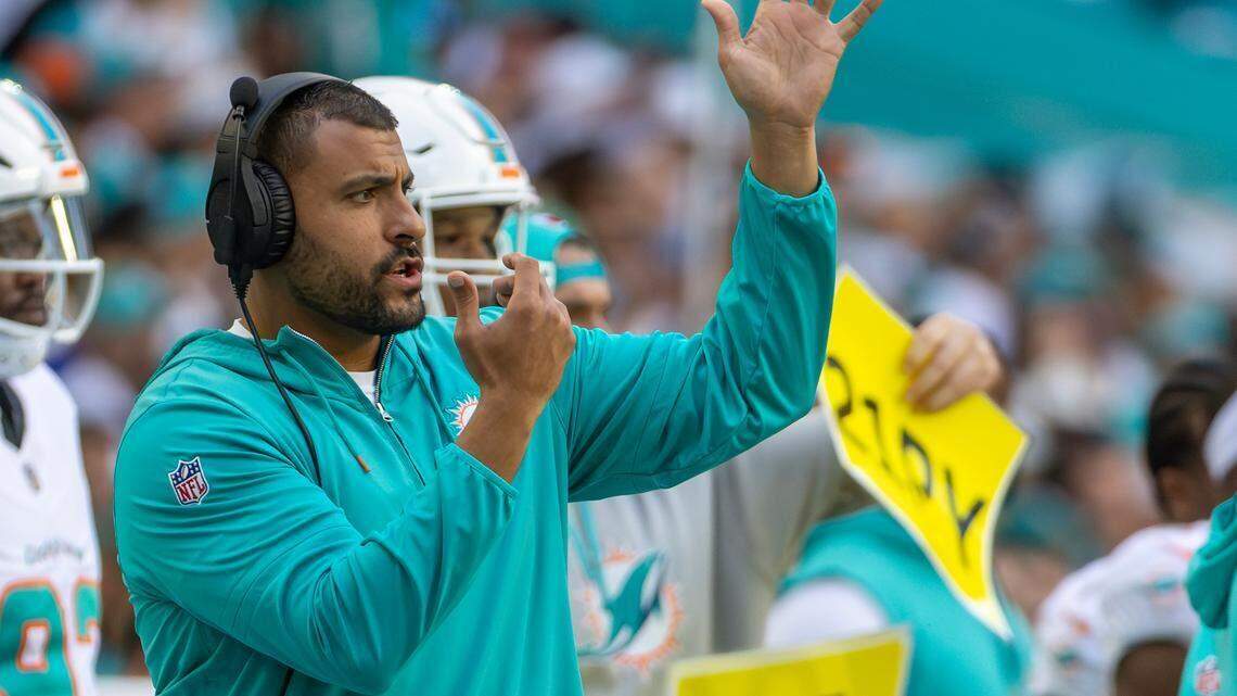 Miami Dolphins outside linebackers coach Ryan Crow looks from the sidelines in the first half of their NFL game against the New England Patriots at Hard Rock Stadium on Sunday, Nov. 24, 2024, in Miami Gardens, Florida.