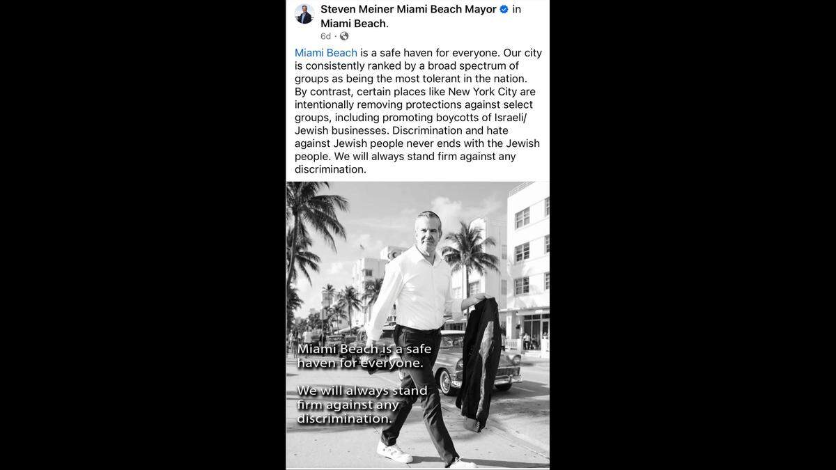 Una publicación en redes sociales del alcalde de Miami Beach, Steven Meiner, el martes 6 de enero de 2026.