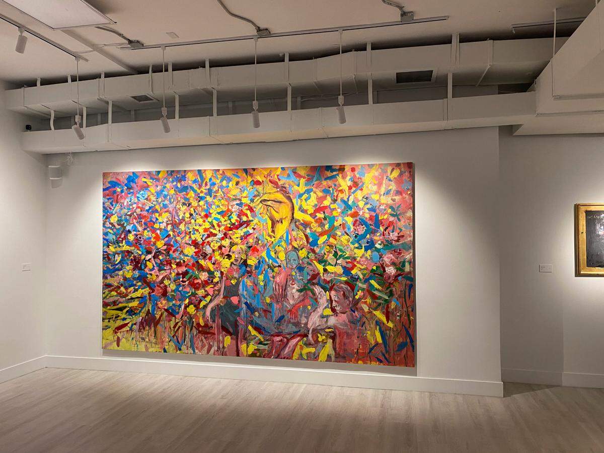 “Yellow Flowers Field”, 2024, de Carlos Quintana. Díptico, óleo sobre lienzo. 72 x 168 pulgadas. Zapata Gallery.