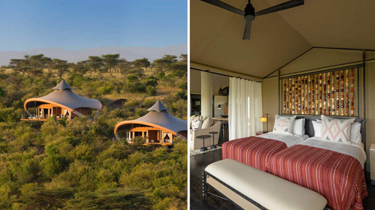 En Mahali Mzuri, Kenia, las tiendas —que en realidad funcionan como suites completas— están elevadas sobre el terreno, con estructuras livianas, telas tensadas y amplias aperturas que borran cualquier límite entre interior y exterior.