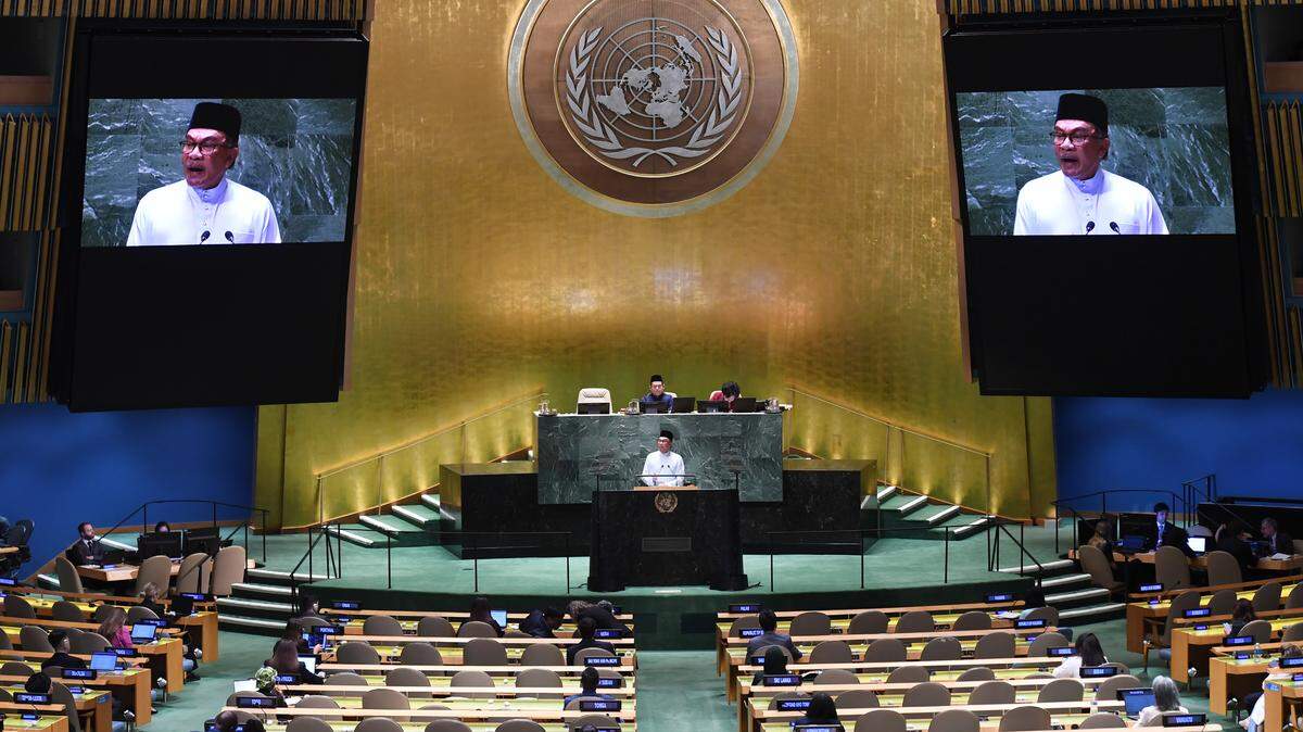 Malaysian Prime Minister Anwar Ibrahim addresses the 78th session of the United Nations General Assembly on, Sept. 22, in New York.