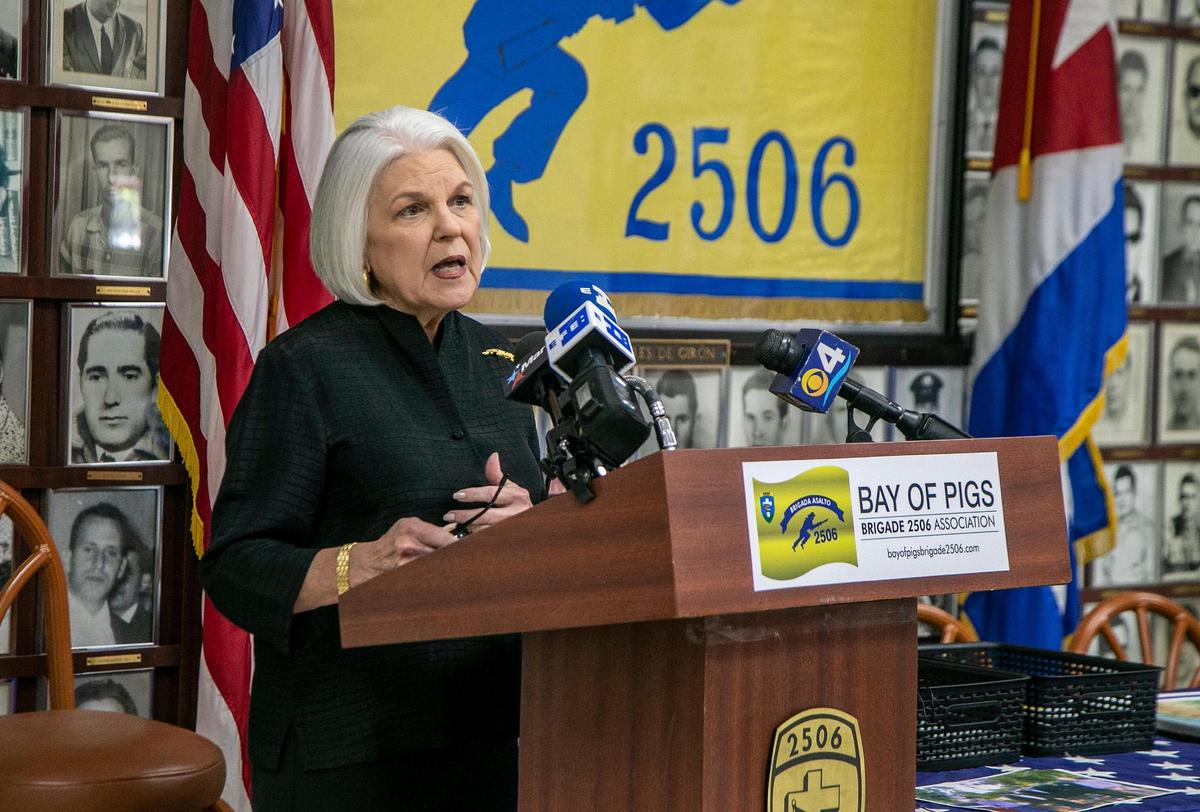 Silvia Iriondo, President of M.A.R. por Cuba, speaks during a press conference called by the Assembly of the Cuban Resistance, at the Bay of Pigs Invasion’s Brigade 2506 headquarters in Little Havana to announce announce a series of activities to commemorate the first anniversary of the July 11 mass protests in Cuba, on Thursday July 07, 2022.