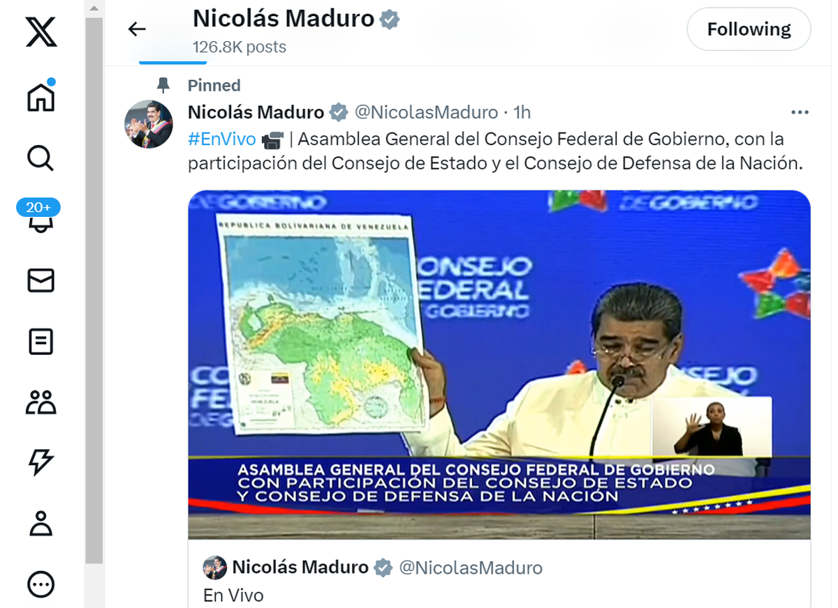 EN ESTA imagen tomada de X, el gobernante venezolano, Nicolás Maduro, muestra el nuevo mapa de Venezuela que incluye el territorio en disputa con Guyana, el martes 5 de diciembre de 2023.
