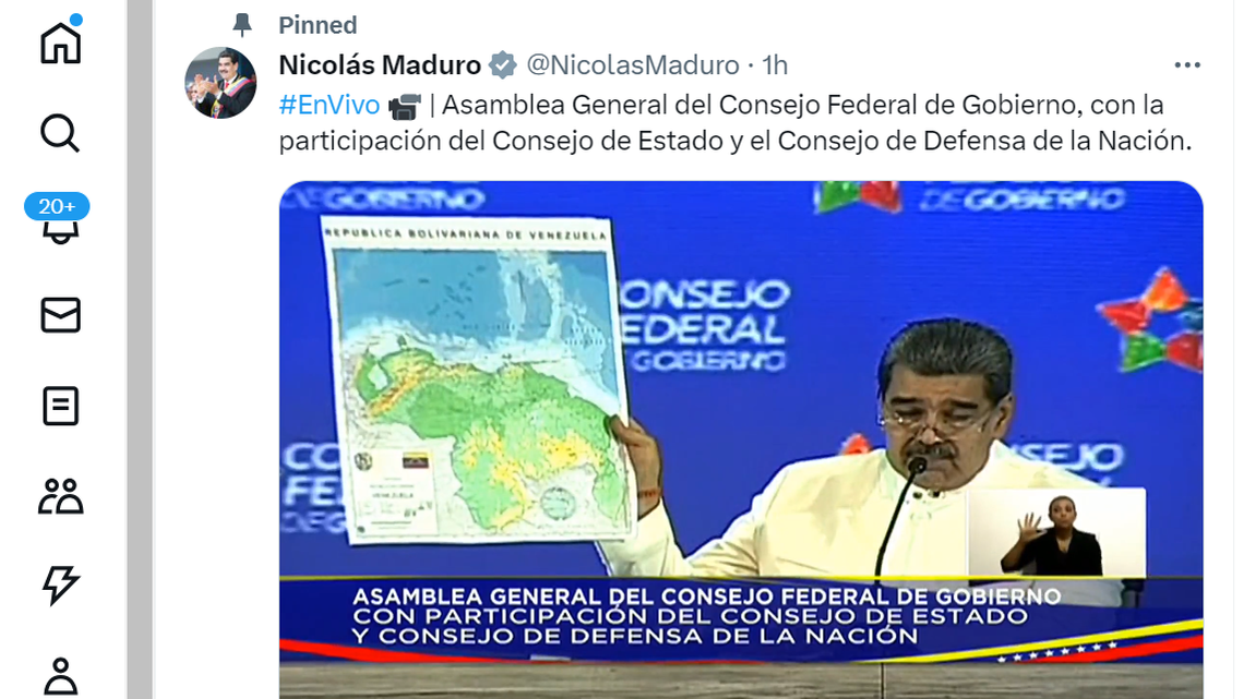 In this image taken from X, Venezuelan ruler Nicolás Maduro shows the new map of Venezuela that includes the territory in dispute with Guyana, Tuesday, December 5, 2023.