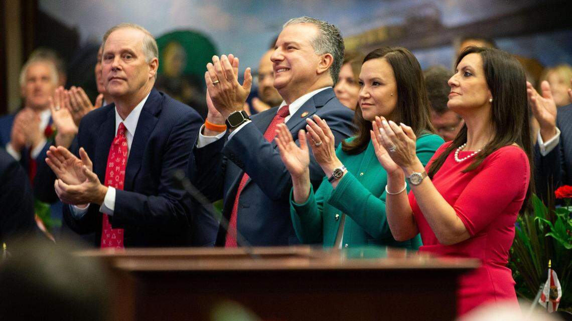 Florida Agriculture Commissioner Wilton Simpson, left, in the Florida Capitol on March 7, 2023. 