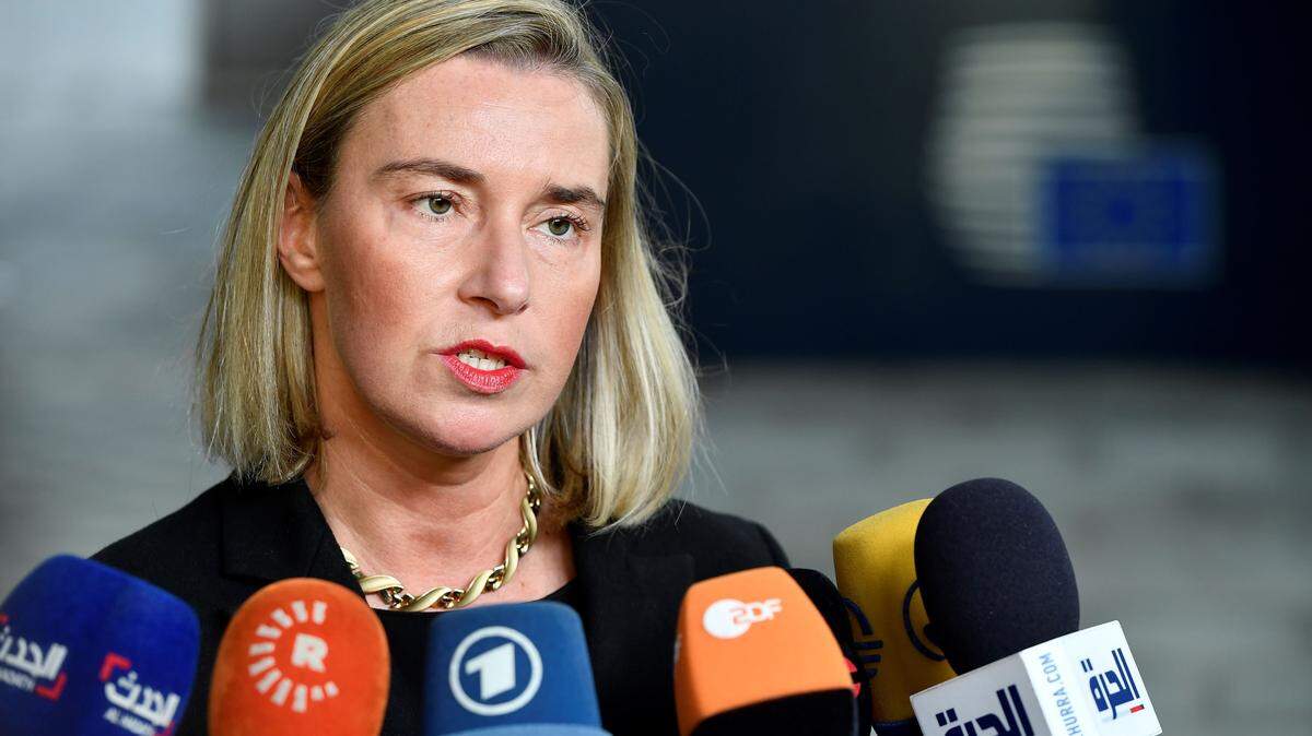 European Union for Foreign Affairs and Security Policy Federica Mogherini answers the journalists during a Foreign Affairs meeting at the EU headquarters in Brussels on November 11, 2019. (Photo by JOHN THYS / AFP) (Photo by JOHN THYS/AFP via Getty Images)