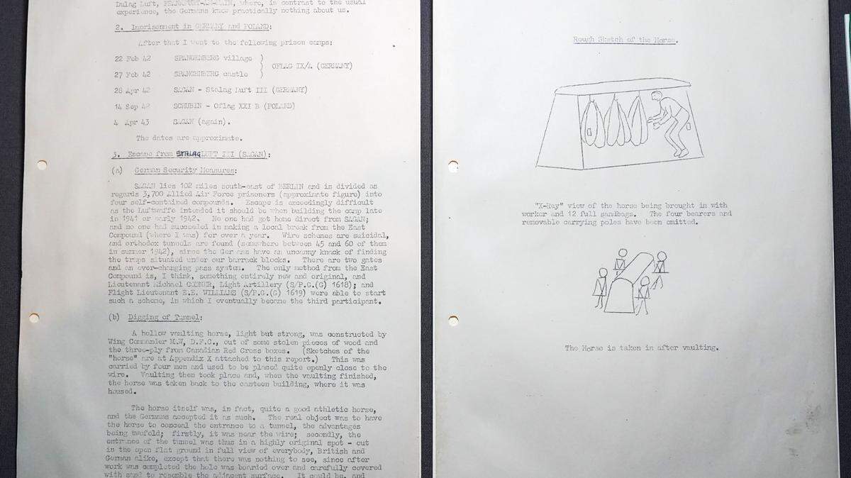 Esta imagen del 30 de enero de 2024 muestra la descripción del exprisionero de guerra Oliver Philpot de su escape del campamento de guerra nazi Stalag Luft III, ubicado en Polonia, que es parte de la exhibición “Great Escapes: Remarkable Second World War Captives” (Grandes Escapes: Extraordinarios Prisioneros de la Segunda Guerra Mundial), en Richmond, Reino Unido.