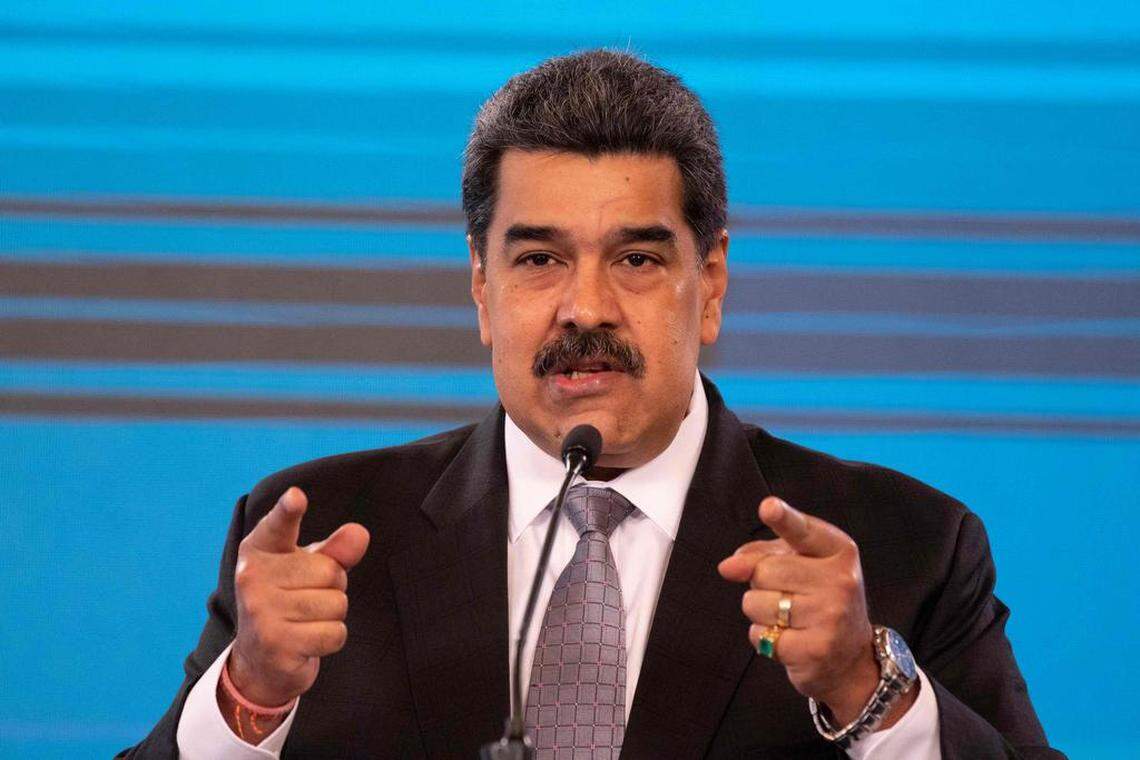 Venezuelan President Nicolás Maduro gestures while speaking during a press conference at the Miraflores presidential palace in Caracas on Feb. 17, 2021.