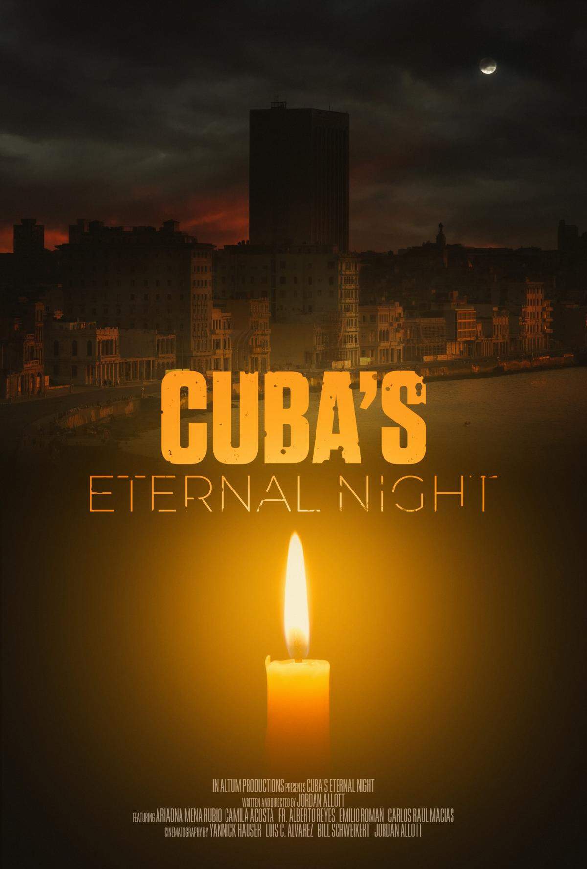 Póster del documental “La Noche Eterna de Cuba”, de Jordan Allott, que se estrenará el jueves 10 de abril de 2025 en el Miami Film Festival.
