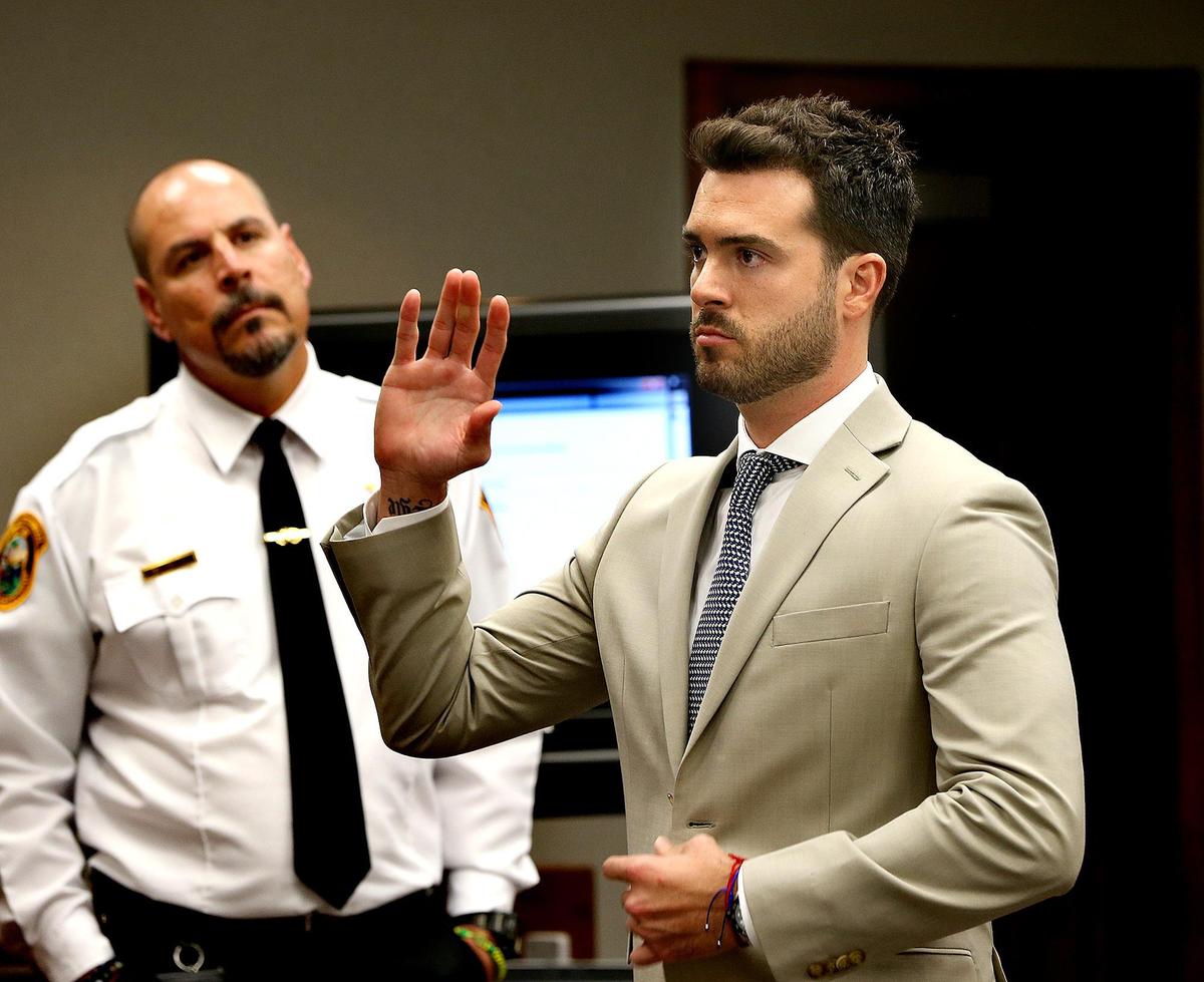 Mexican actor Pablo Lyle takes the oath before testifying in front of Judge Alan S. Fine in court during a ‘Stand Your Ground’ hearing in a road-rage death case from 2019.