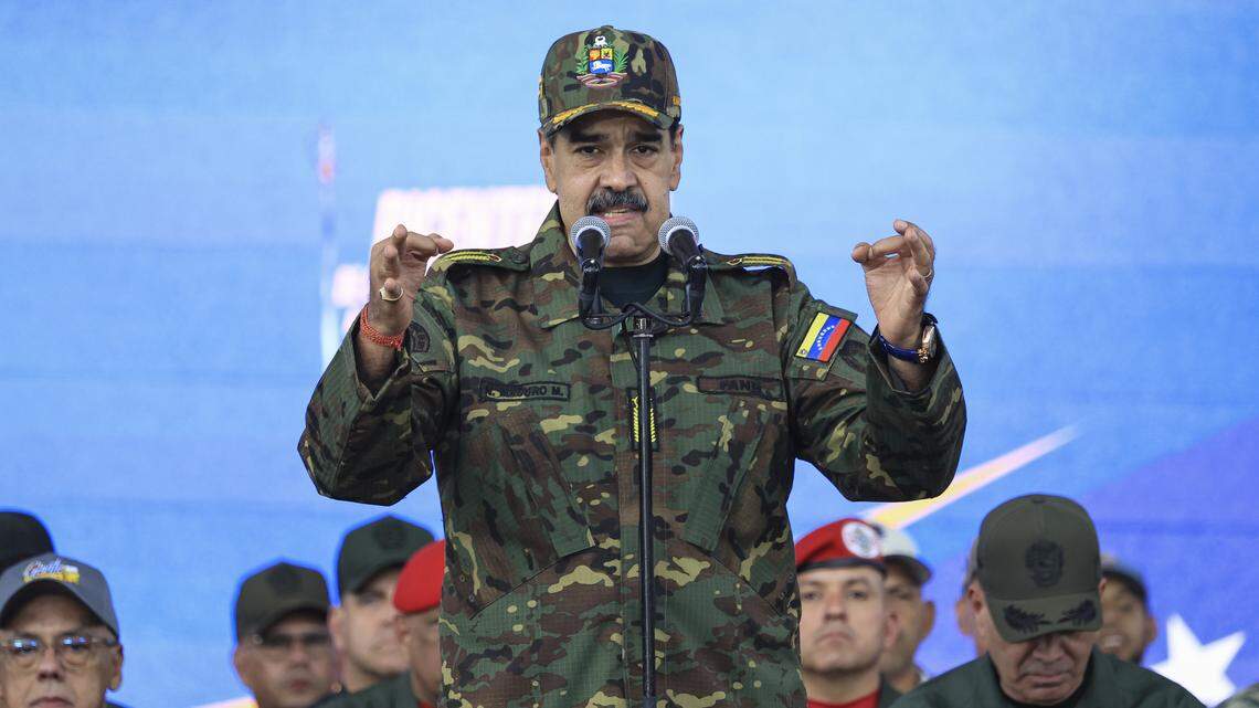 CARACAS, VENEZUELA - NOVEMBER 25: President of Venezuela NicolÃ(degrees)s Maduro speaks during a military ceremony commemorating the 200th anniversary of the presentation of the 'Sword of Peru' to Venezuelan independence hero SimÃ³n BolÃvar on November 25, 2025, in Caracas, Venezuela. The United States recently designated the "Cartel De Los Soles" (Cartel of The Suns) as a foreign terrorist organization, a group allegedly led by the president of Venezuela, Nicolas Maduro, and which, it is presumed, includes high-ranking members of the Venezuelan government. (Photo by Jesus Vargas/Getty Images)