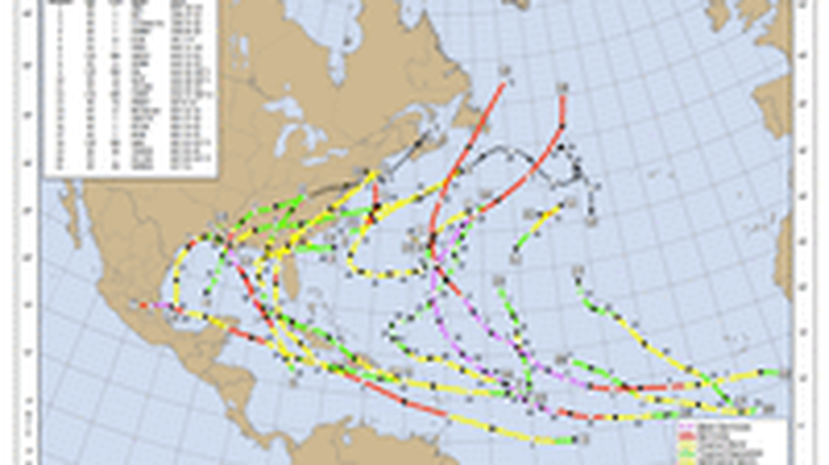 Un mapa de todas las tormentas con nombre de la temporada de huracanes de 2021. NATIONAL HURRICANE CENTER