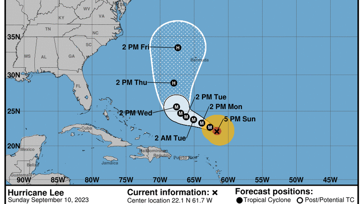 El huracán Lee se intensificó en el Atlántico el domingo 10 de septiembre de 2023 y es categoría 3.