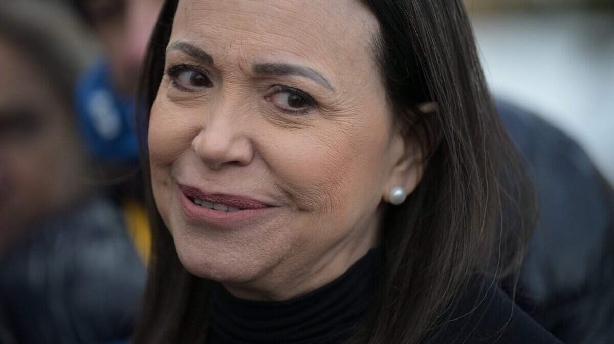 Venezuelan opposition leader Maria Corina Machado speaks to the press after meeting with US Secretary of State Marco Rubio at the US Department of State in Washington, DC, on January 28, 2026. (Photo by Oliver Contreras / AFP via Getty Images)