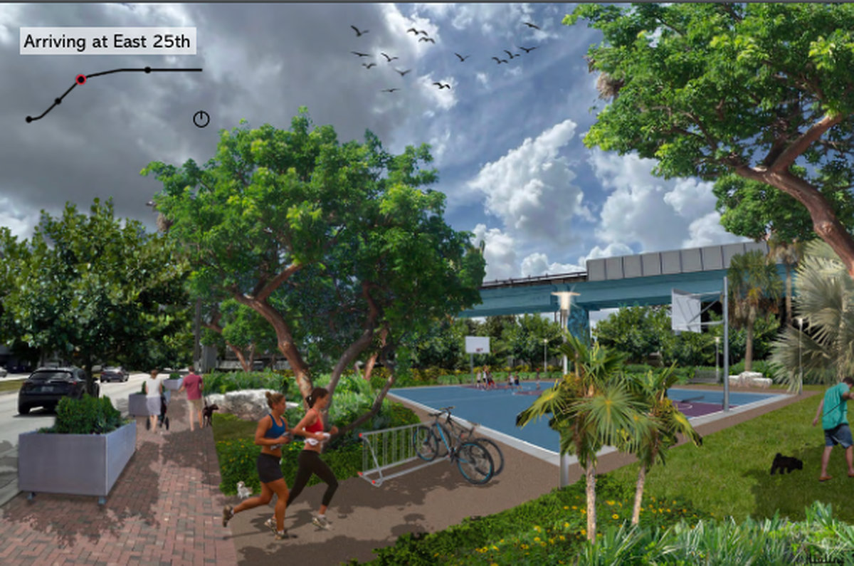 La propuesta de redesarrollar las áreas debajo del Metrorail en Hialeah, incluyen un sendero para caminar y andar en bicicleta, gimnasios al aire libre, parque para perros, canchas de baloncesto, parque de dominó y un césped multiuso.