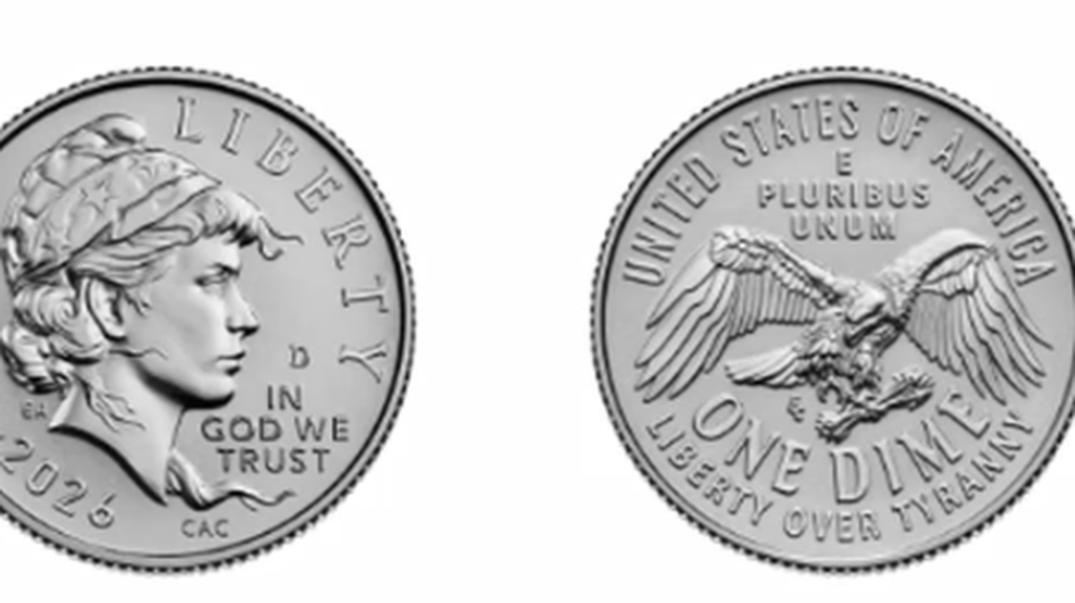 Anverso y reverso de la nueva moneda de diez centavos acuñada como parte de una serie especial con motivo del 250 aniversario de la independencia de Estados Unidos.