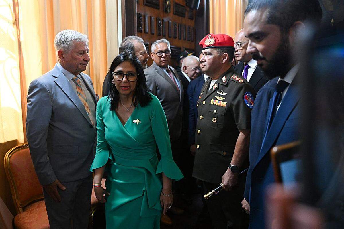 Venezuela's interim President Delcy Rodriguez leaves after a session of the National Assembly in Caracas on January 5, 2026. Venezuela's parliament swore in Delcy Rodriguez as interim president on January 5, two days after US forces seized her predecessor Nicolas Maduro to face trial in New York. Members of the new National Assembly offered their full backing to Rodriguez -- who had been Maduro's vice president -- and reelected her brother Jorge Rodriguez as parliament head. (Photo by Federico PARRA / AFP via Getty Images)